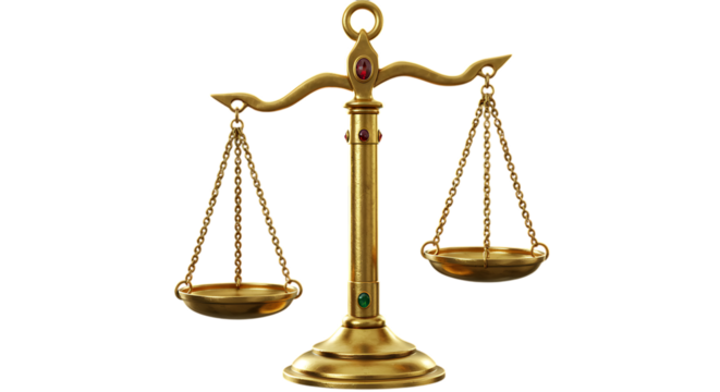 golden scales of justice with intricate details on transparent background