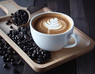 Aromatic and Rich Cappuccino Beverage Featuring Latte Art on Wooden Tray