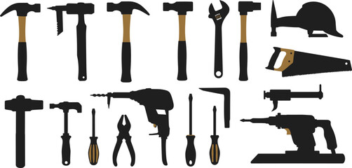 Colored Vector Illustration of Various Construction Tools Including Hammers, Saws, Screwdrivers, Power Drills, Wrenches, Pliers, and Protective Helmet