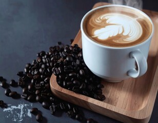 Elegant Still Life Coffee Cup with Latte Art and Beans Arrangement