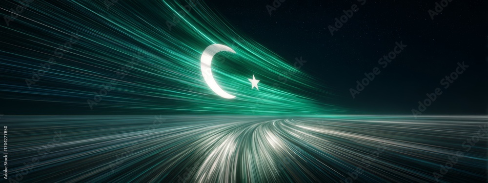 Poster digital animation of turkmenistan flag waves in futuristic style with light trails and abstract back