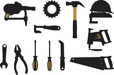 Vector Illustration of Hand Tools and Power Tools Including Hammer, Wrench, Pliers, Screwdrivers, Saw, Drill, Gear, and Safety Helmet for Construction