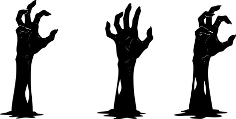 Set of Zombie hands black silhouette. A zombie hand crawls out of the ground. Scary hands suitable for Halloween. Vector illustration isolated on white background.