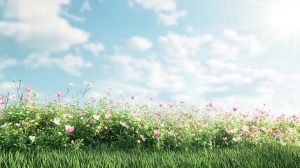 Obraz premium Meadow like lawn with wild grasses and colorful blooming flowers swaying in the breeze under a bright sunny sky showcasing the beauty of natural greenery in a peaceful countryside setting