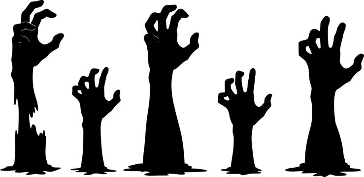 Set of Zombie hands black silhouette. A zombie hand crawls out of the ground. Scary hands suitable for Halloween. Vector illustration isolated on white background. 
