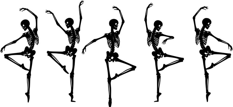 Ballet. Five dancing black silhouettes of skeletons isolated on a white background. Vector illustration
