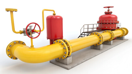 Gas cylinder, yellow pipes and valve isolated on white background. 3D rendering