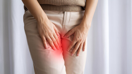 Woman suffering from itching in her crotch, health care concept, fungal infection, candidiasis, skin disease medical technology