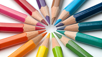 colored pencils isolated on white background, close up color in circular position