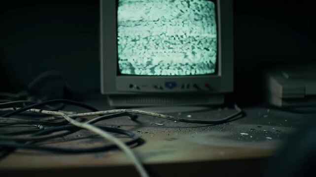Old Monitor Displays Static on Dusty Desk with Cluttered Wires in Dark Room