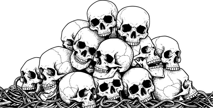A pile of skulls human skulls with many shaped background tattoo hand drawing vectors art lines
