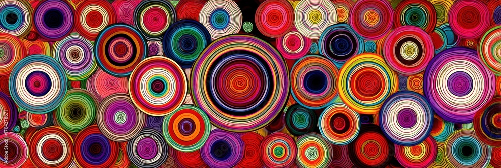 Poster Colorful Abstract Composition Featuring Circular Patterns in Vibrant Shades Set Against a Dark Background