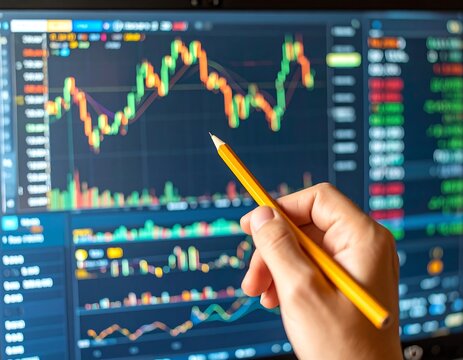 Hand with pencil pointing at stock market charts on a laptop screen