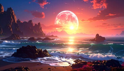 Coastal sunset, vibrant moon