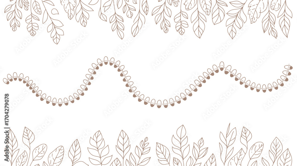 Poster outlines of leaves at the top and bottom with a wavy line of shapes in the middle on white paper