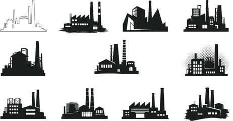 Black and white industrial factory and manufacturing plant icons with smokestacks, chimneys, warehouses, and buildings in various silhouettes and artistic styles