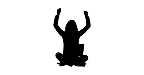 A simple, black silhouette of a person sitting on the ground, arms raised in a celebratory pose.