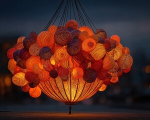 Paper lanterns forming a sphere in a dark sky.