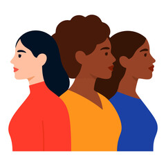 Obraz premium Three women standing side by side, one in a red shirt, one in a yellow shirt, and one in a blue shirt. Vector.