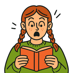 A girl is reading a book with her hands. She is wearing a green shirt and has red hair. Vector.