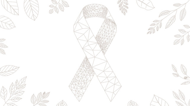 White background with a geometric ribbon and leaves around the edges in a minimalist design