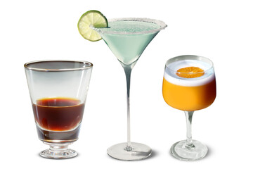 Assorted cocktails in different glasses including dark liquor, blue margarita with lime, and orange cocktail with foam