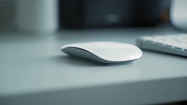 Silver and White Wireless Mouse on Light Gray Desk in Clean Minimalist Office Setting