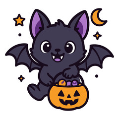 A cartoon bat holding a pumpkin basket. The bat is smiling and has its mouth open. The image is of a Halloween scene. Vector.