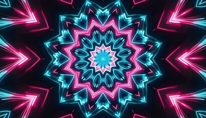 Neon Abstract Kaleidoscope Pattern Glowing Pink Blue Light Background Futuristic