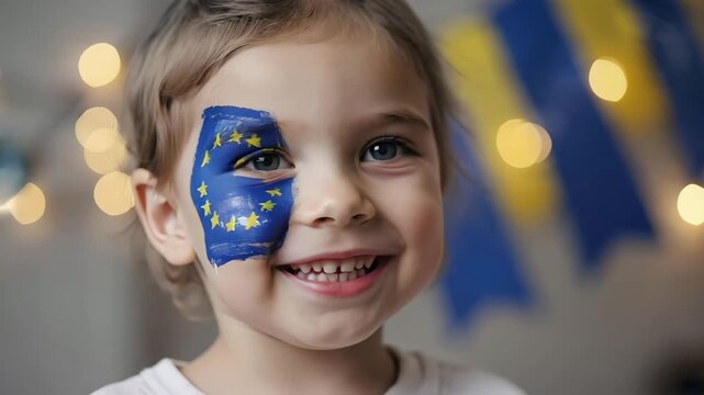 Smiling child with European Union flag face paint blinking naturally and widening smile in festive background with glowing lights symbolizing Europe unity celebration and cultural diversity