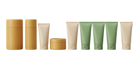 various cosmetic containers neatly arranged on transparent background