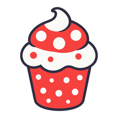 A red and white cupcake with white frosting and red dots. The cupcake is cute and inviting. Vector.