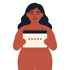 A woman is holding a calendar and smiling. The calendar is red and white. The woman is wearing a black shirt. Vector.