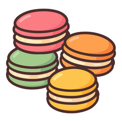 A cartoon drawing of four different colored macarons. The macarons are arranged in a row, with the green one on the left. Vector.