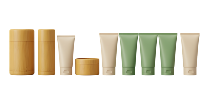 various cosmetic containers neatly arranged on transparent background