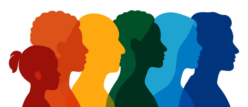 A group of people with different colored heads. The people are all different colors and sizes. The image is a representation of diversity. Vector.
