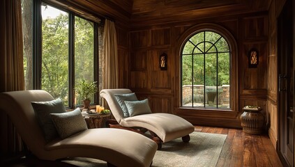 Fototapeta premium Luxury Spa Interior with Plush Chaise Lounges and Arched Window Overlooking Lush Greenery and Wood Walls