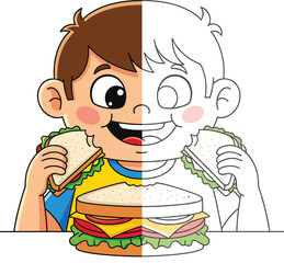 Cartoon boy eating sandwich, half color half outline, fun food illustration, kids meal concept, editable vector, line art, delicious lunch