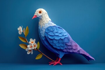 Paper origami dove of peace with olive branch on blue background