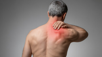 Senior man with neck and shoulder pain, suffering from muscle injury, highlighted in red, on a gray background medical technology