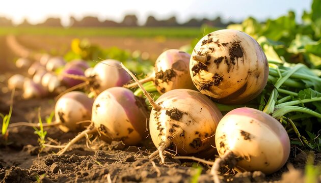 Fresh turnips in a field, earthy tones - Powered by Adobe