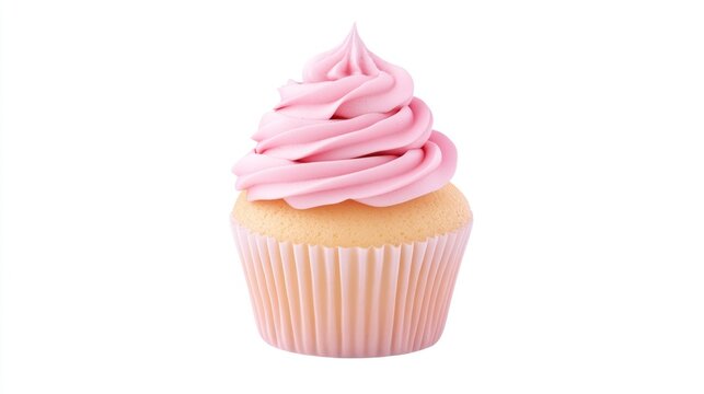 Single pink cupcake on white background