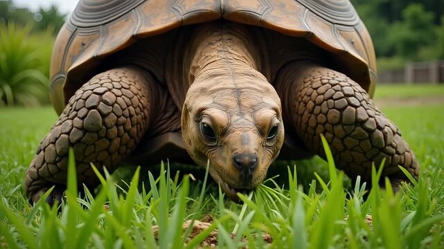 Giant tortoise slowly grazing on lush green grass in a sunlit outdoor setting.