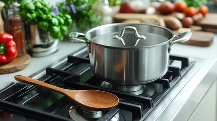 A stainless steel pot on a stove with a wooden spoon nearby.