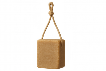 Natural soap bar suspended from weathered twine, highlighting zero-waste lifestyle and organic personal care approach