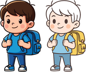 Cartoon school boys with backpacks, cute children in blue outfits, student characters vector illustration for education, learning, and classroom design use