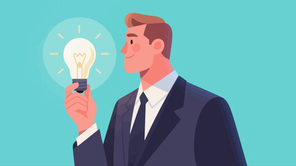 A business person is holding a light bulb, with hand-drawn vector illustrations