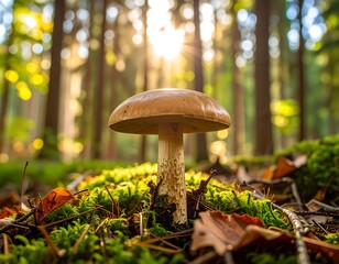 Close-up of a light brown mushroom in a forest floor covered in moss and fallen leaves, sunlight shining through trees