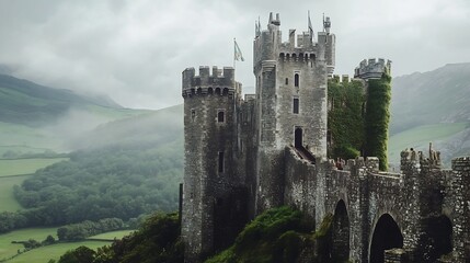Medieval castle on a hilltop surrounded by misty mountains with a drawbridge over a moat ivy covered walls and banners waving in the breeze evoking the medieval era of knights and royalty