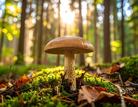Close-up of a light brown mushroom in a forest floor covered in moss and fallen leaves, sunlight shining through trees